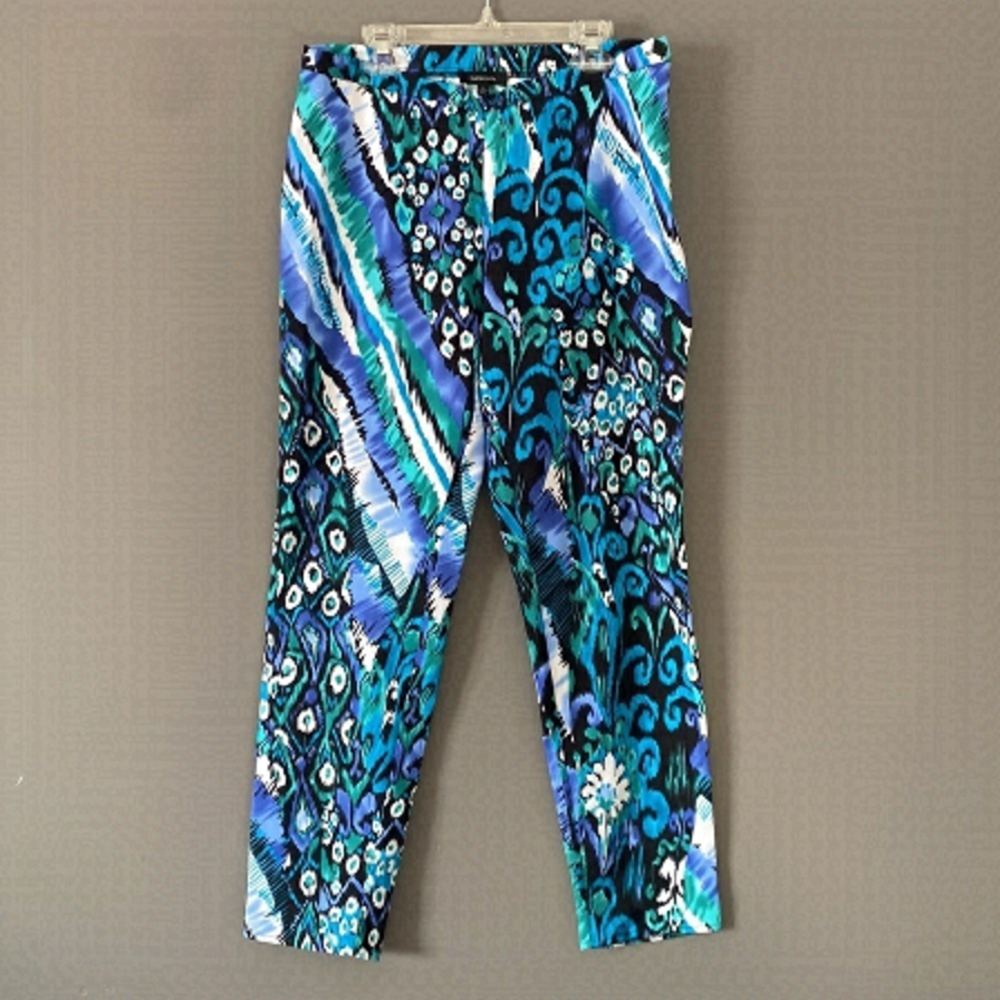 Tropical Print Boho Pants Coastal Blue Teal Abstract Size 4 Lightweight